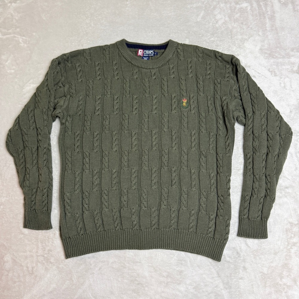 VTG Chaps Ralph Lauren Cable Knit Sweater Mens L Olive Green Crewneck Preppy EUC
